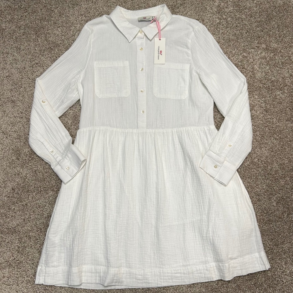 NWT Vineyard Vines Gauzy Drop Waist Shirt Dress Women Size 12 White Cap Collar